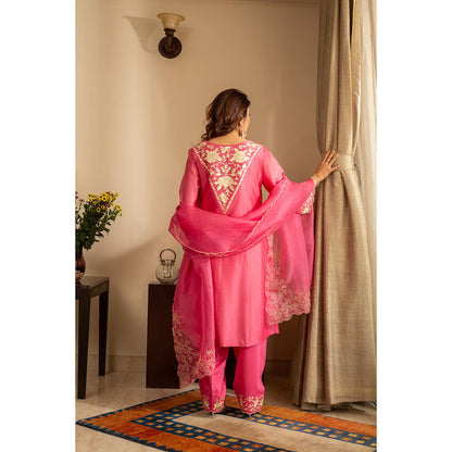 House of Inari Kaner Candy Pink Embroidered Kurta with Salwar and Dupatta