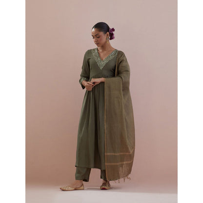 Ikshita Choudhary Olive Embellished Anarkali Kurta with Pant and Dupatta (Set of 3)