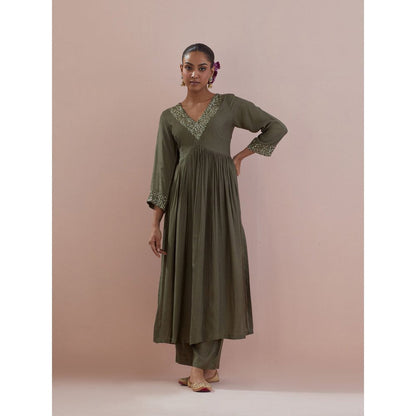 Ikshita Choudhary Olive Embellished Anarkali Kurta with Pant and Dupatta (Set of 3)