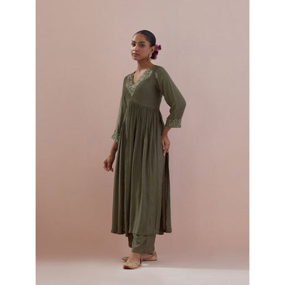 Ikshita Choudhary Olive Embellished Anarkali Kurta with Pant and Dupatta (Set of 3)