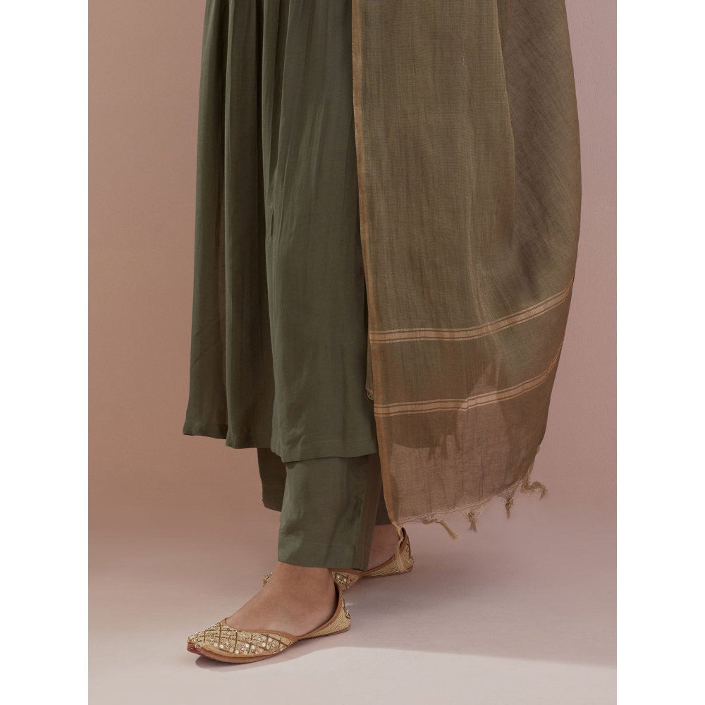 Ikshita Choudhary Olive Embellished Anarkali Kurta with Pant and Dupatta (Set of 3)