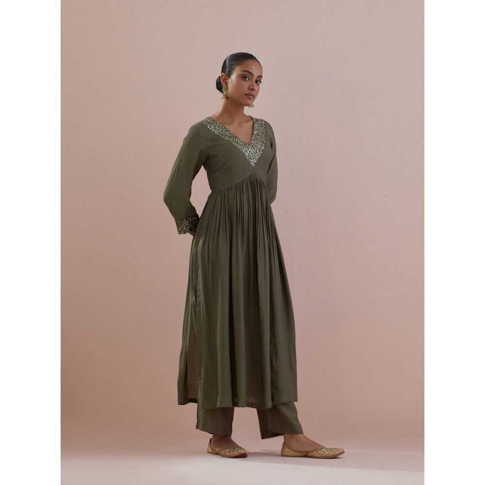 Ikshita Choudhary Olive Embellished Anarkali Kurta with Pant (Set of 2)