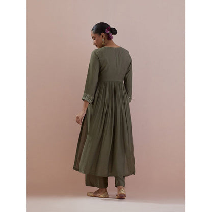 Ikshita Choudhary Olive Embellished Anarkali Kurta with Pant (Set of 2)