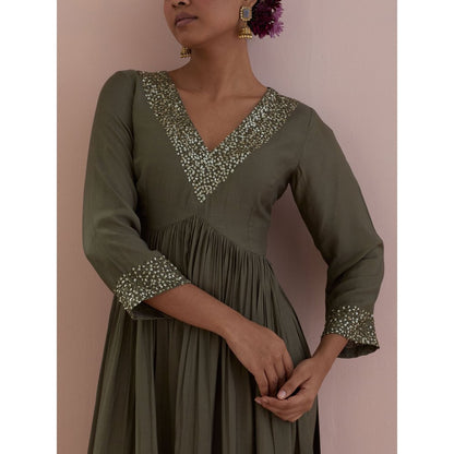 Ikshita Choudhary Olive Embellished Anarkali Kurta with Pant (Set of 2)