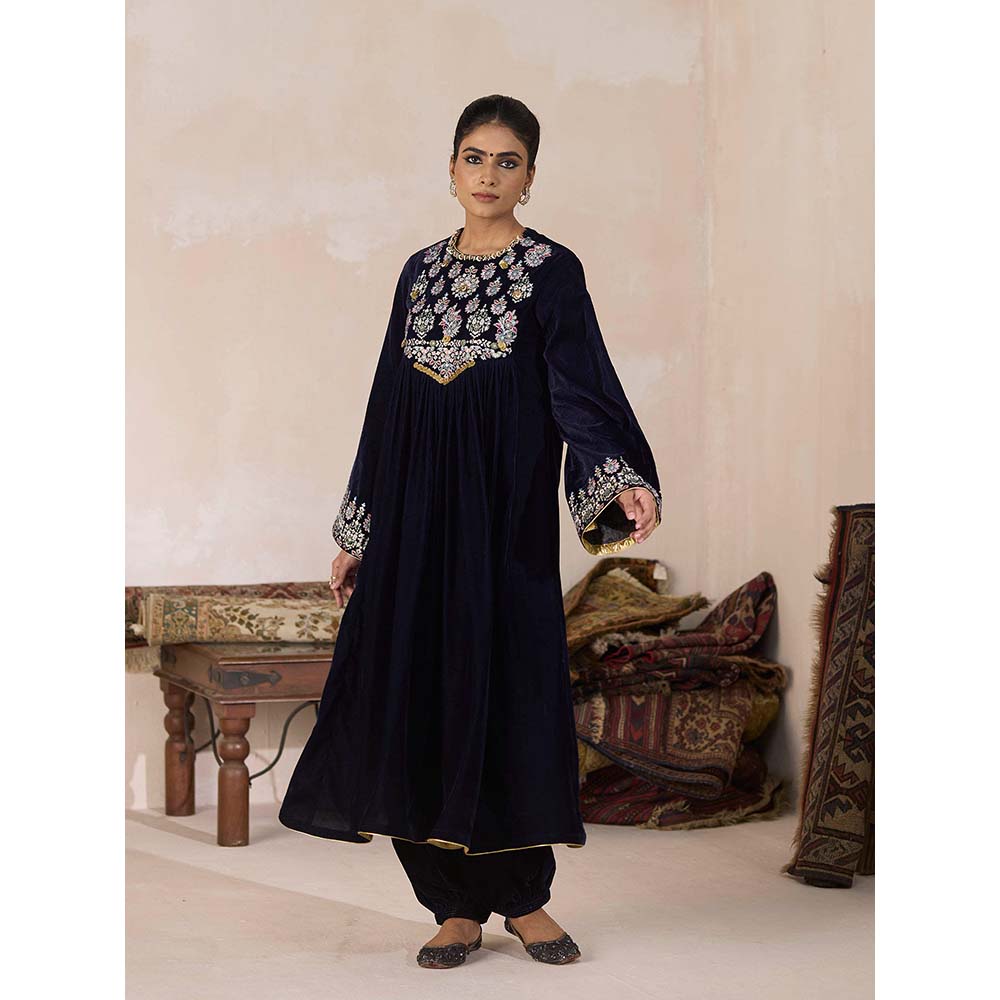 Inej Navy Blue Front Gather Kurta with Pant (Set of 2)