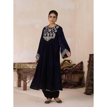 Inej Navy Blue Front Gather Kurta with Pant (Set of 2)