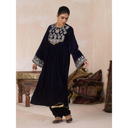 Inej Navy Blue Front Gather Kurta with Pant (Set of 2)