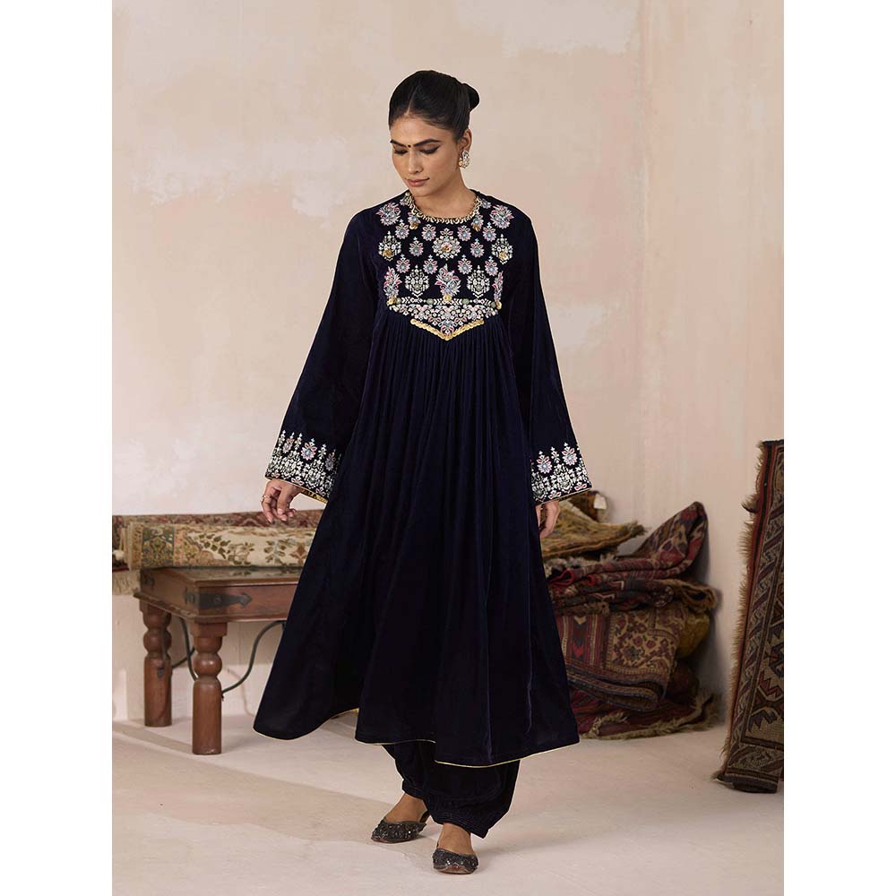 Inej Navy Blue Front Gather Kurta with Pant (Set of 2)