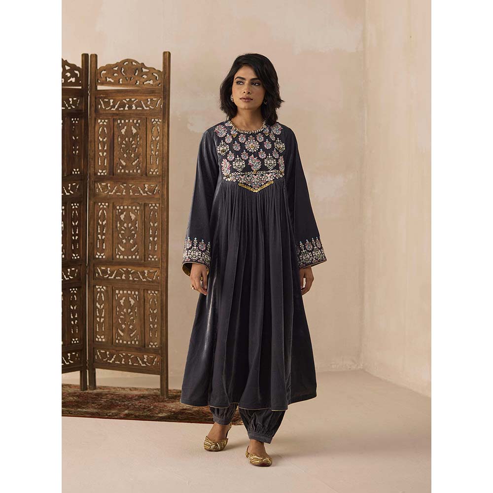 Inej Grey Front Gather Kurta with Pant (Set of 2)
