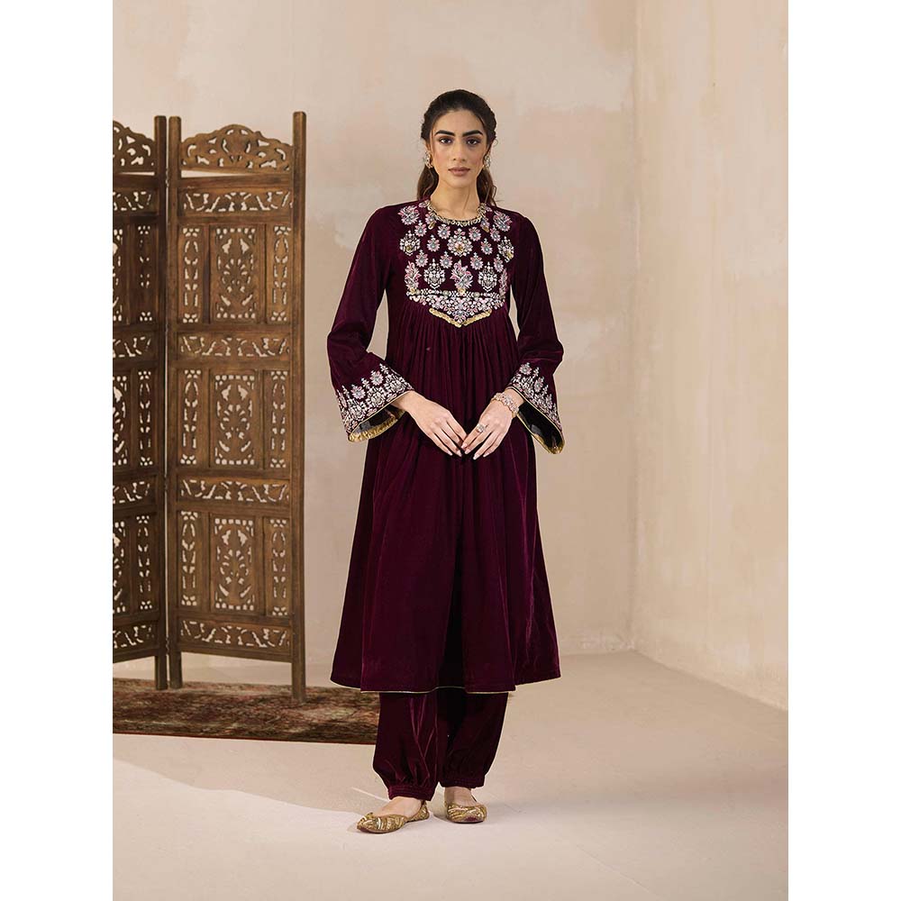 Inej Maroon Front Gather Kurta with Pant (Set of 2)