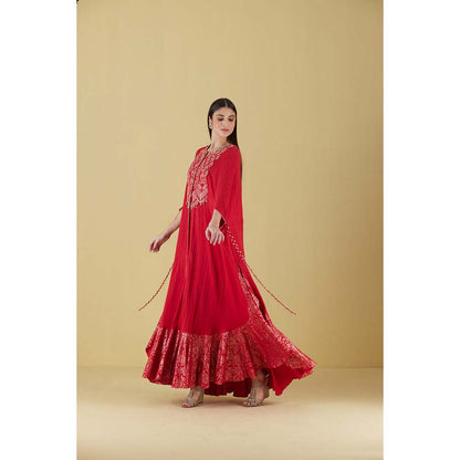 Inej Kurta Cape Red with Pant (Set of 2)