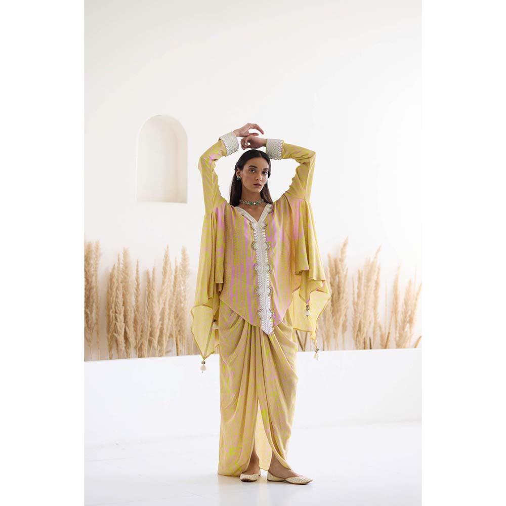 Inej Lakeer Yellow Drape Dhoti with Top (Set of 2)