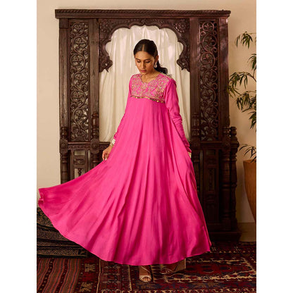 Inej Leher Hot Pink Long Kali Anarkali with Churidar (Set of 2)