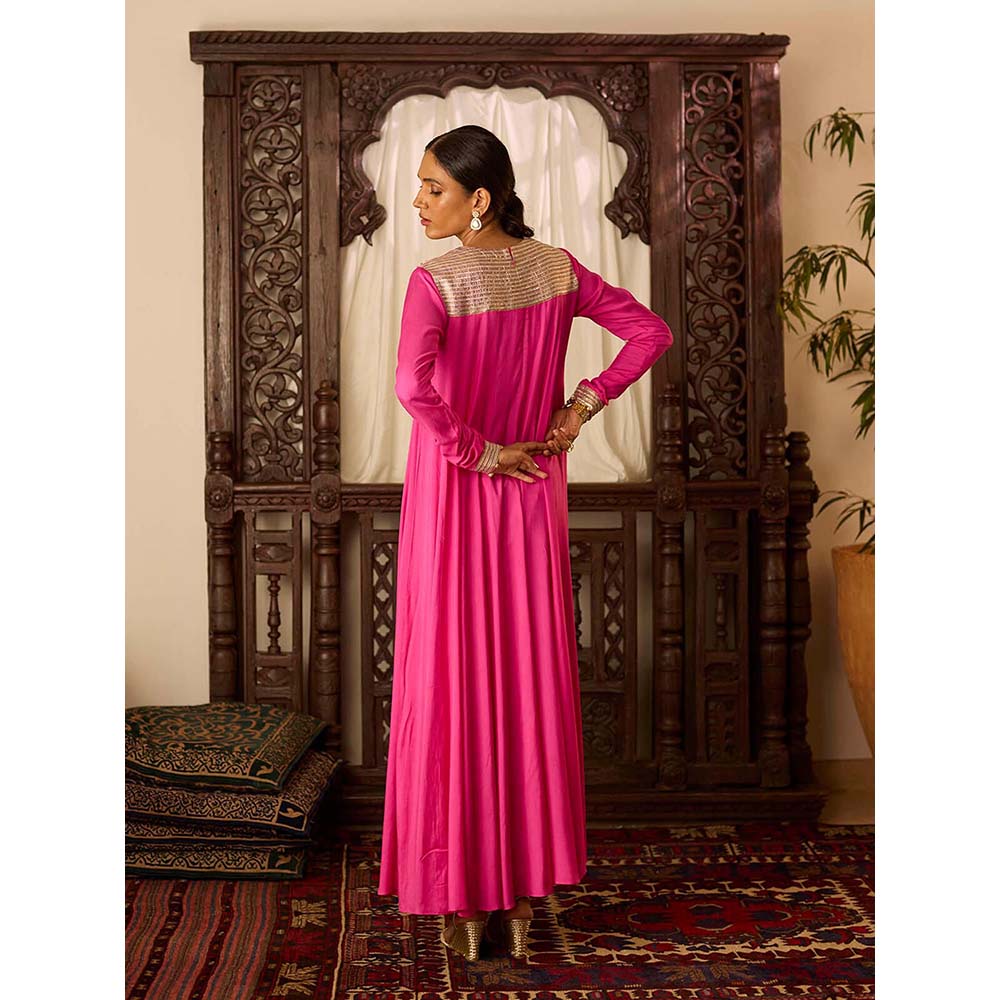 Inej Leher Hot Pink Long Kali Anarkali with Churidar (Set of 2)