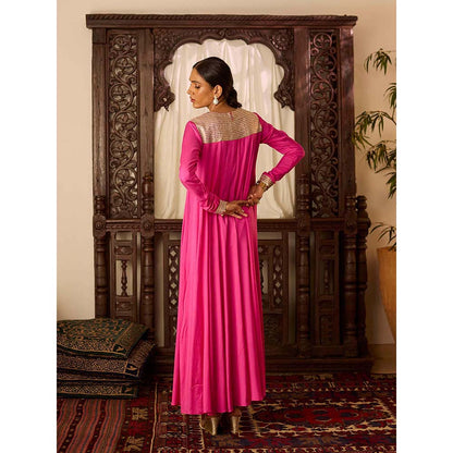 Inej Leher Hot Pink Long Kali Anarkali with Churidar (Set of 2)