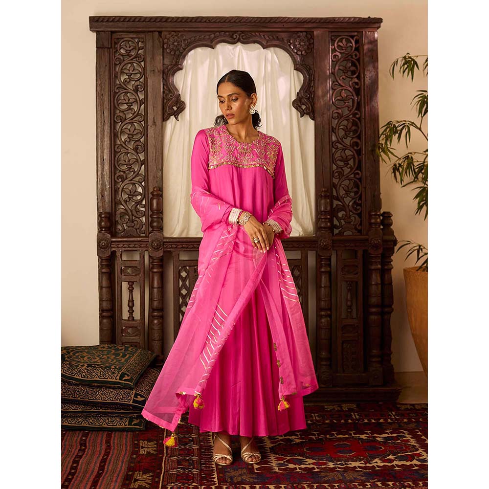 Inej Leher Hot Pink Long Kali Anarkali with Churidar (Set of 2)