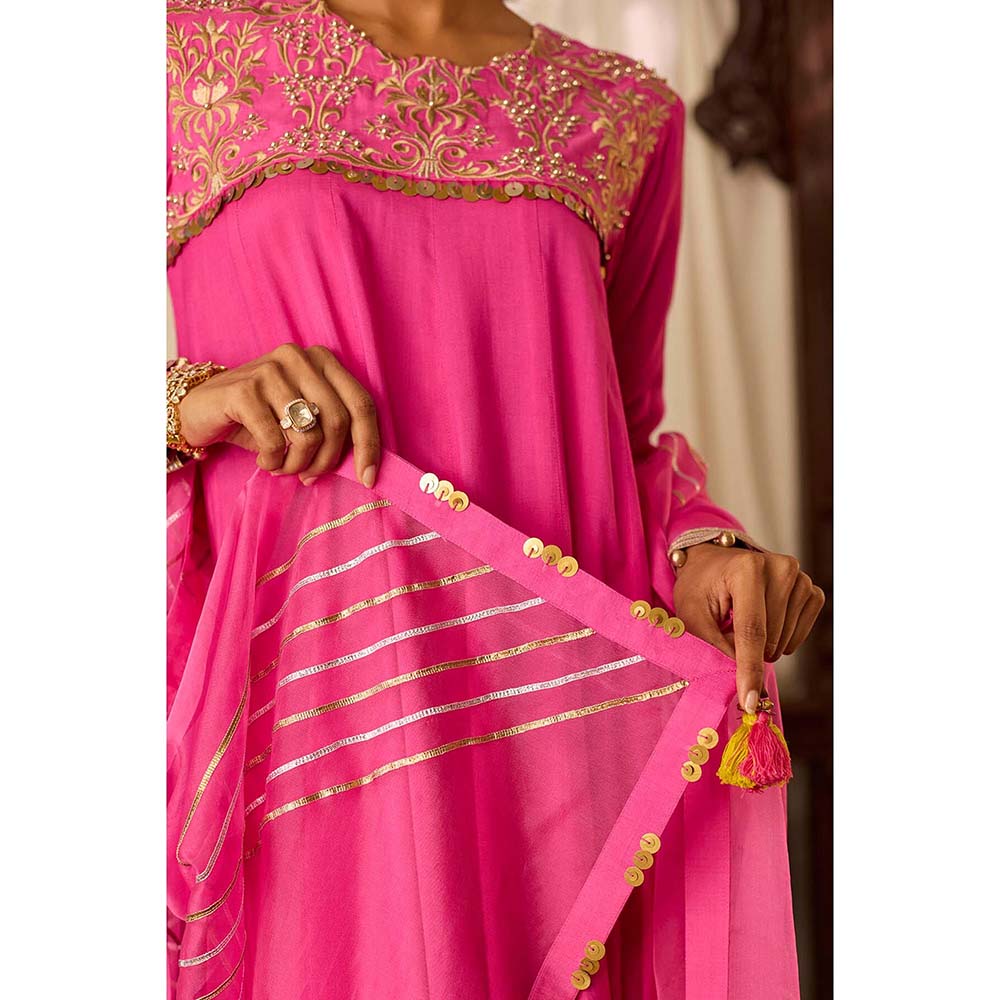 Inej Leher Hot Pink Long Kali Anarkali with Churidar (Set of 2)