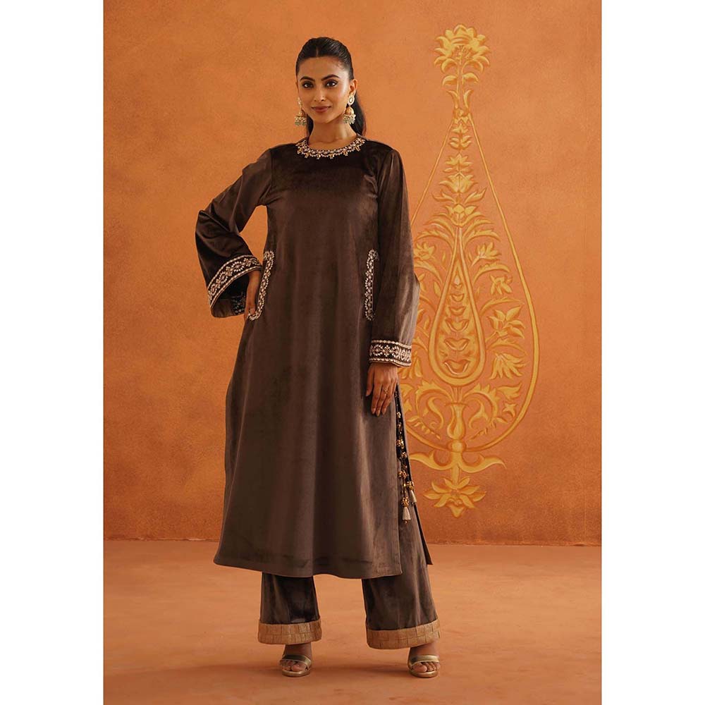 Inej Zeba Brown Straight Kurta with Palazzo and Dupatta (Set of 3)