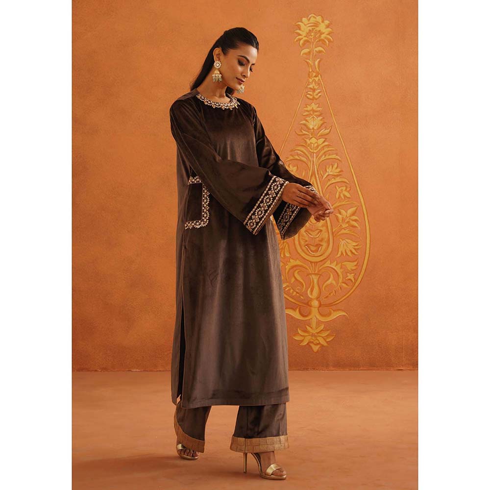 Inej Zeba Brown Straight Kurta with Palazzo and Dupatta (Set of 3)