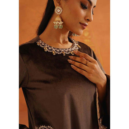 Inej Zeba Brown Straight Kurta with Palazzo and Dupatta (Set of 3)