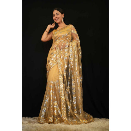 Isadora Life Womens Sequined Beige Pre-Draped Saree With Unstitched Blouse