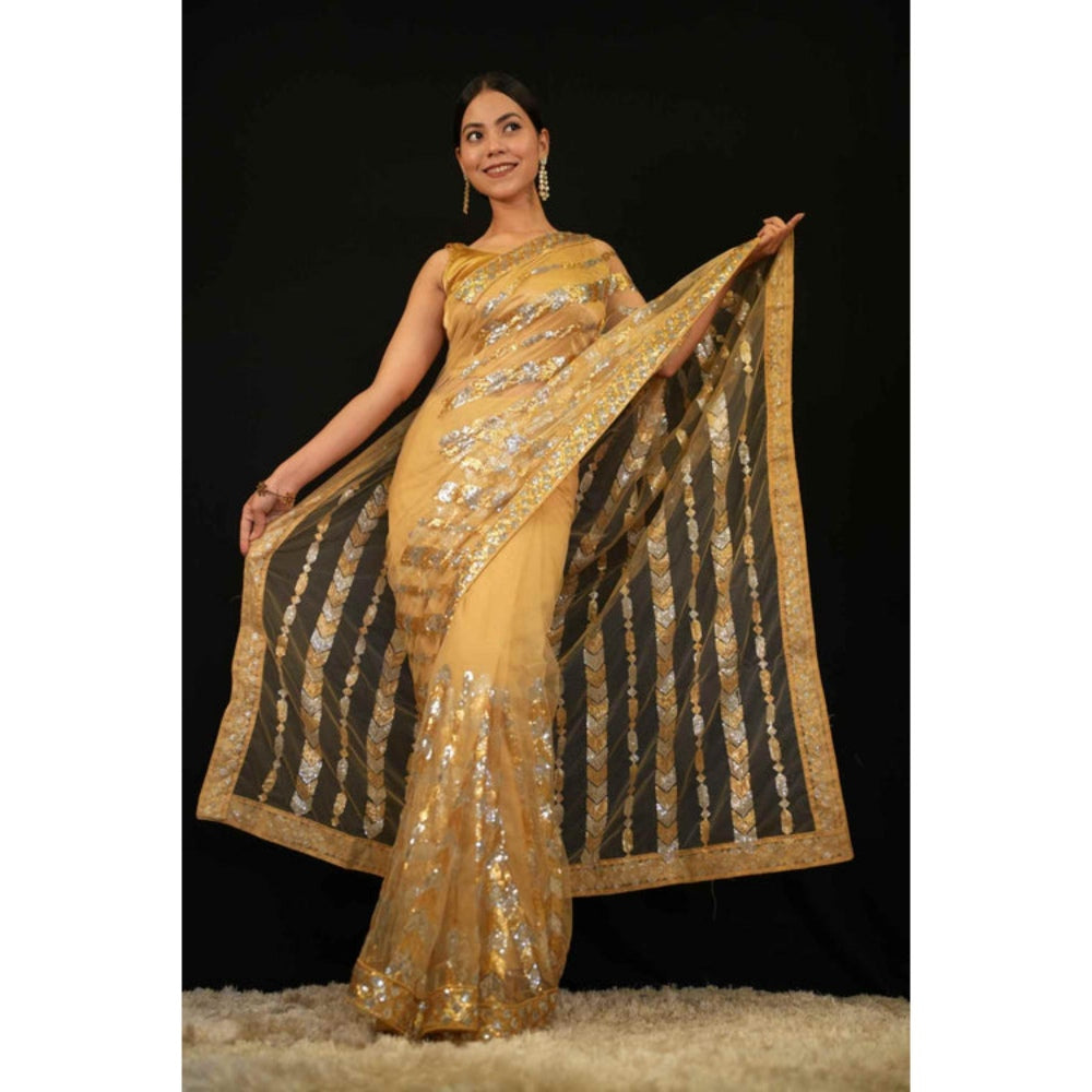 Isadora Life Womens Sequined Beige Pre-Draped Saree With Unstitched Blouse