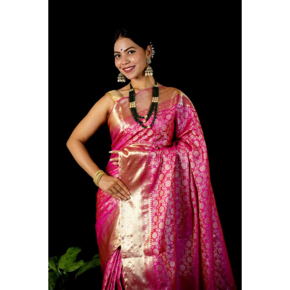 Isadora Life Womens Printed Pink Pre-Draped Saree With Unstitched Blouse