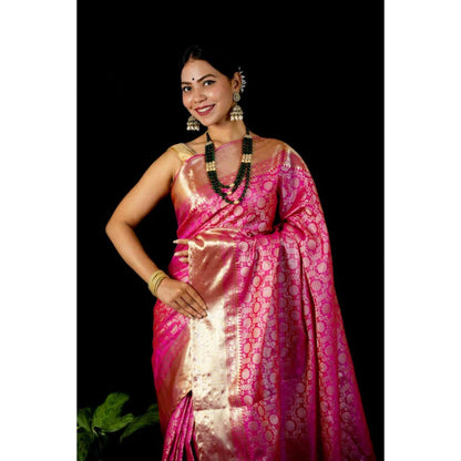 Isadora Life Womens Printed Pink Pre-Draped Saree With Unstitched Blouse