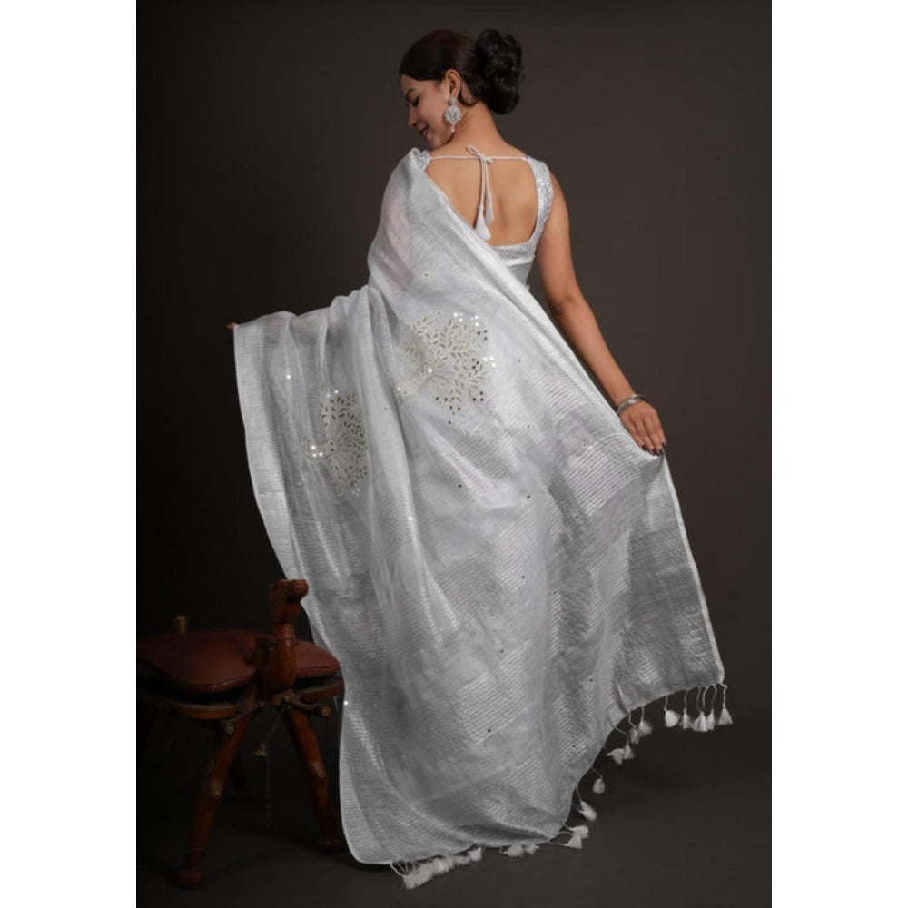 Isadora Life Womens Mirror Work Tassels Grey Pre-Draped Saree With Unstitched Blouse