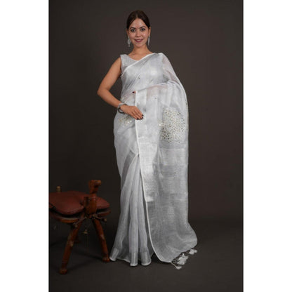 Isadora Life Womens Mirror Work Tassels Grey Pre-Draped Saree With Unstitched Blouse