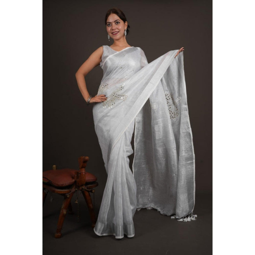 Isadora Life Womens Mirror Work Tassels Grey Pre-Draped Saree With Unstitched Blouse