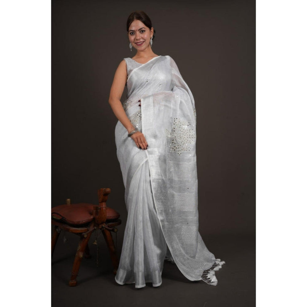 Isadora Life Womens Mirror Work Tassels Grey Pre-Draped Saree With Unstitched Blouse