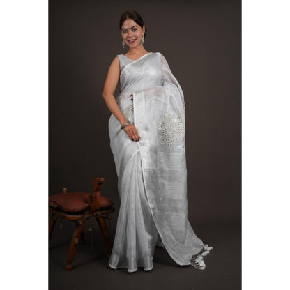 Isadora Life Womens Mirror Work Tassels Grey Pre-Draped Saree With Unstitched Blouse