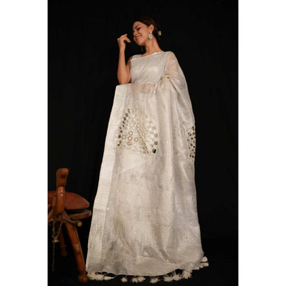 Isadora Life Womens Embroidered Mirror Work White Pre-Draped Saree With Unstitched Blouse