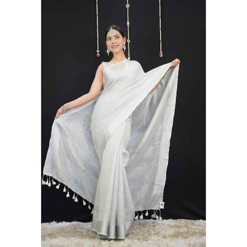 Isadora Life Womens Solid Tassels White Pre-Draped Saree With Unstitched Blouse