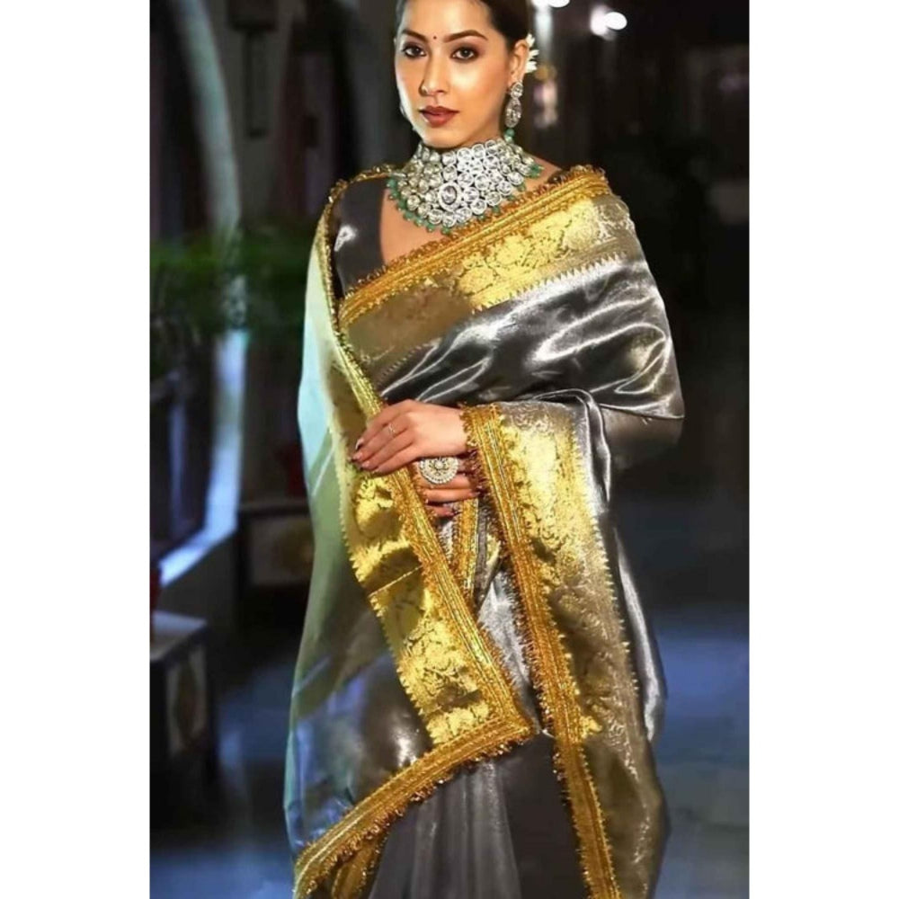 Isadora Life Womens Woven Embroidered Grey Pre-Draped Saree With Unstitched Blouse