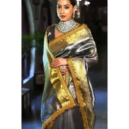 Isadora Life Womens Woven Embroidered Grey Pre-Draped Saree With Unstitched Blouse