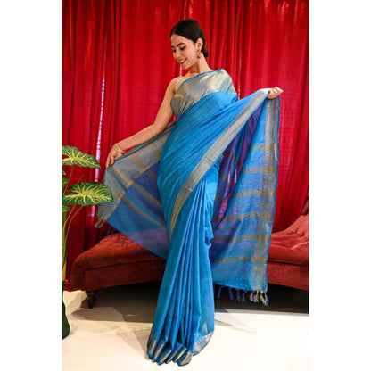 Isadora Life Womens Woven Zari Blue Pre-Draped Saree With Unstitched Blouse