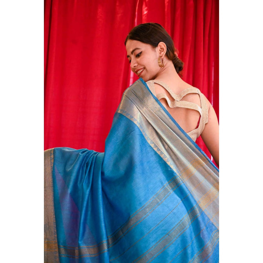 Isadora Life Womens Woven Zari Blue Pre-Draped Saree With Unstitched Blouse