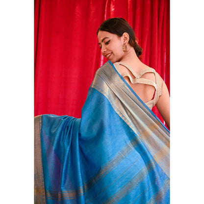 Isadora Life Womens Woven Zari Blue Pre-Draped Saree With Unstitched Blouse