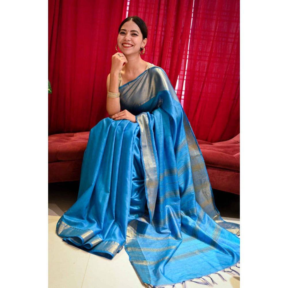 Isadora Life Womens Woven Zari Blue Pre-Draped Saree With Unstitched Blouse