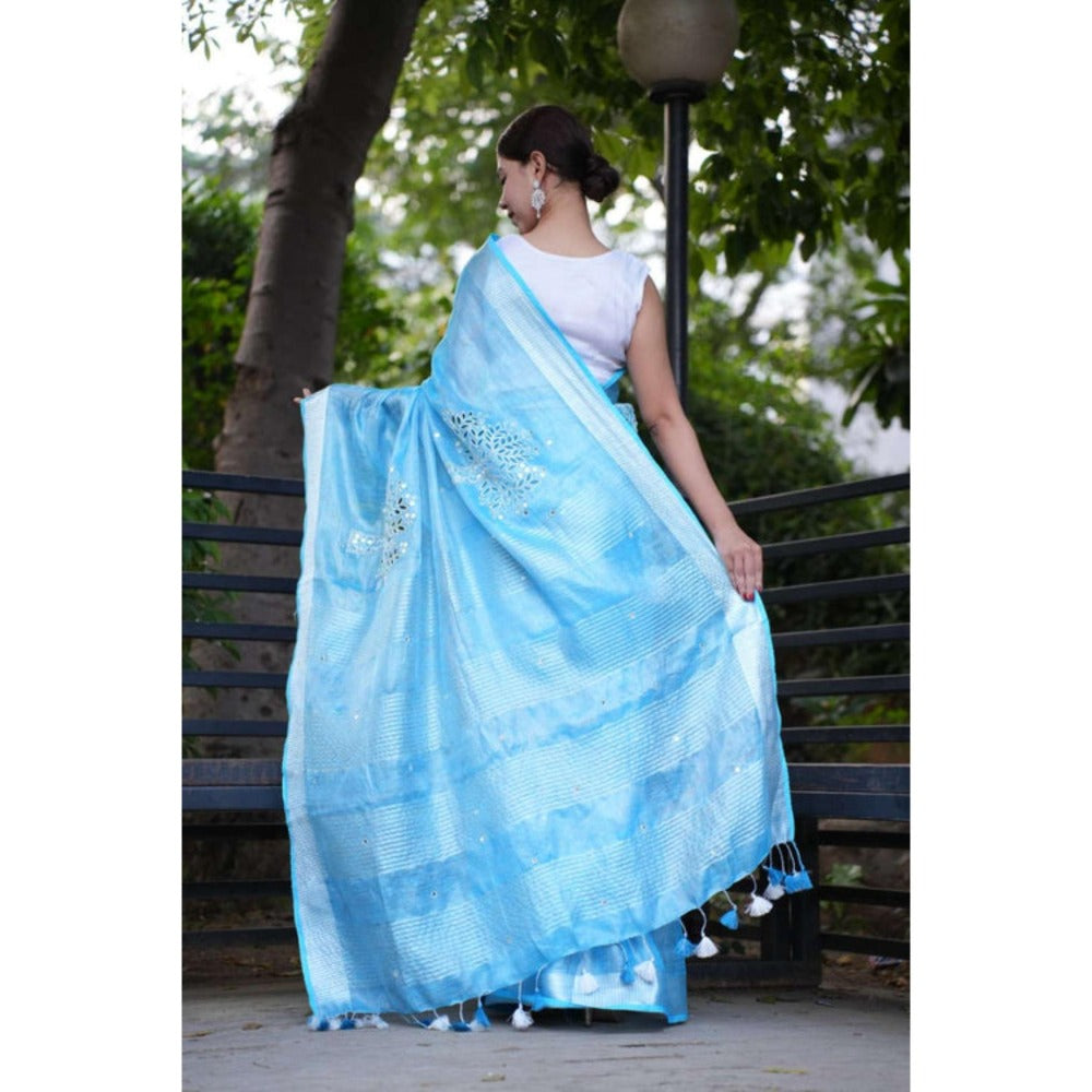 Isadora Life Womens Embroidered Mirror Work Blue Pre-Draped Saree With Unstitched Blouse