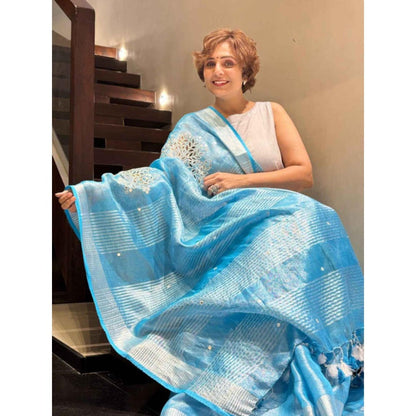 Isadora Life Womens Embroidered Mirror Work Blue Pre-Draped Saree With Unstitched Blouse