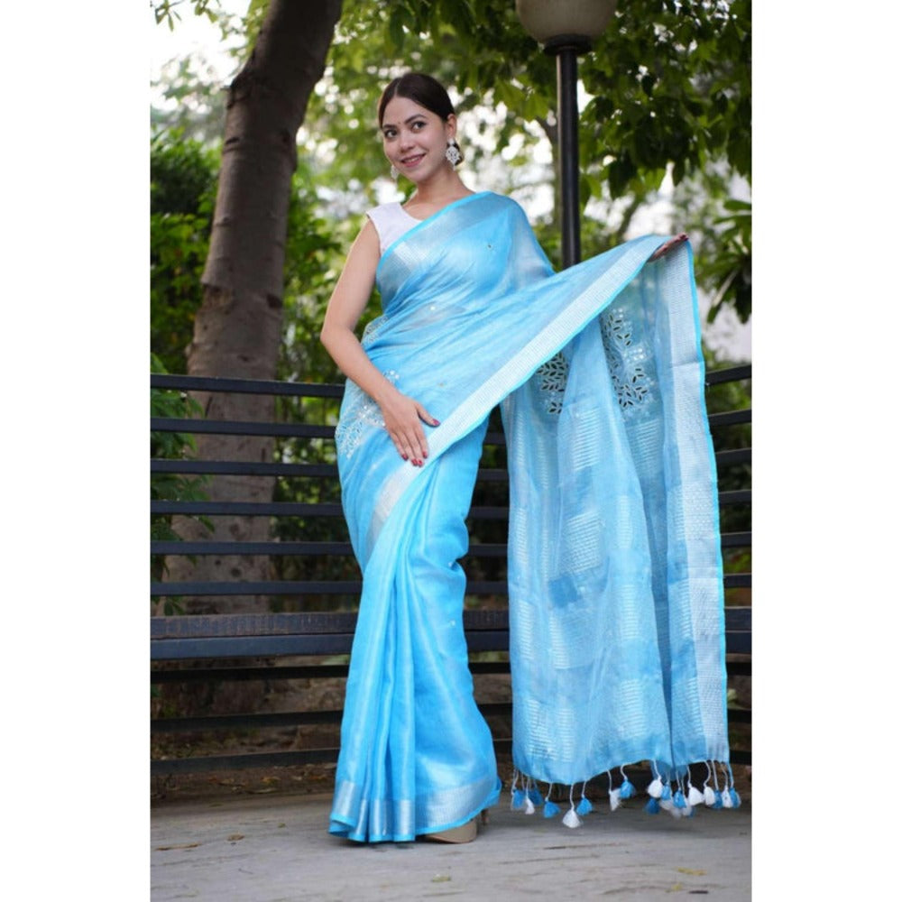 Isadora Life Womens Embroidered Mirror Work Blue Pre-Draped Saree With Unstitched Blouse