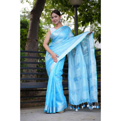 Isadora Life Womens Embroidered Mirror Work Blue Pre-Draped Saree With Unstitched Blouse