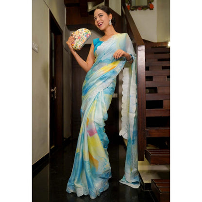 Isadora Life Womens Tie & Dye Sequined Multi-Color Pre-Draped Saree With Unstitched Blouse