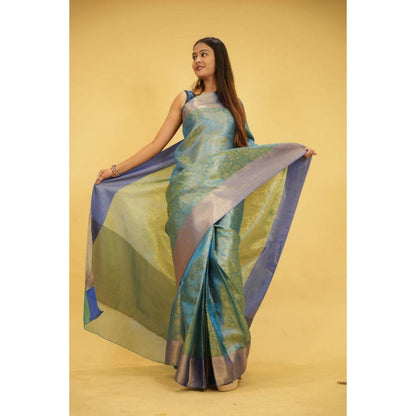Isadora Life Womens Floral Zari Blue Pre-Draped Saree With Unstitched Blouse
