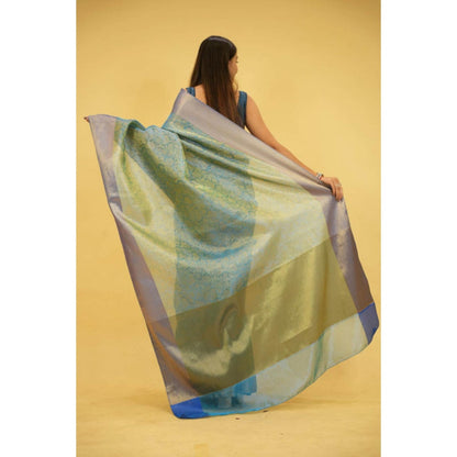 Isadora Life Womens Floral Zari Blue Pre-Draped Saree With Unstitched Blouse