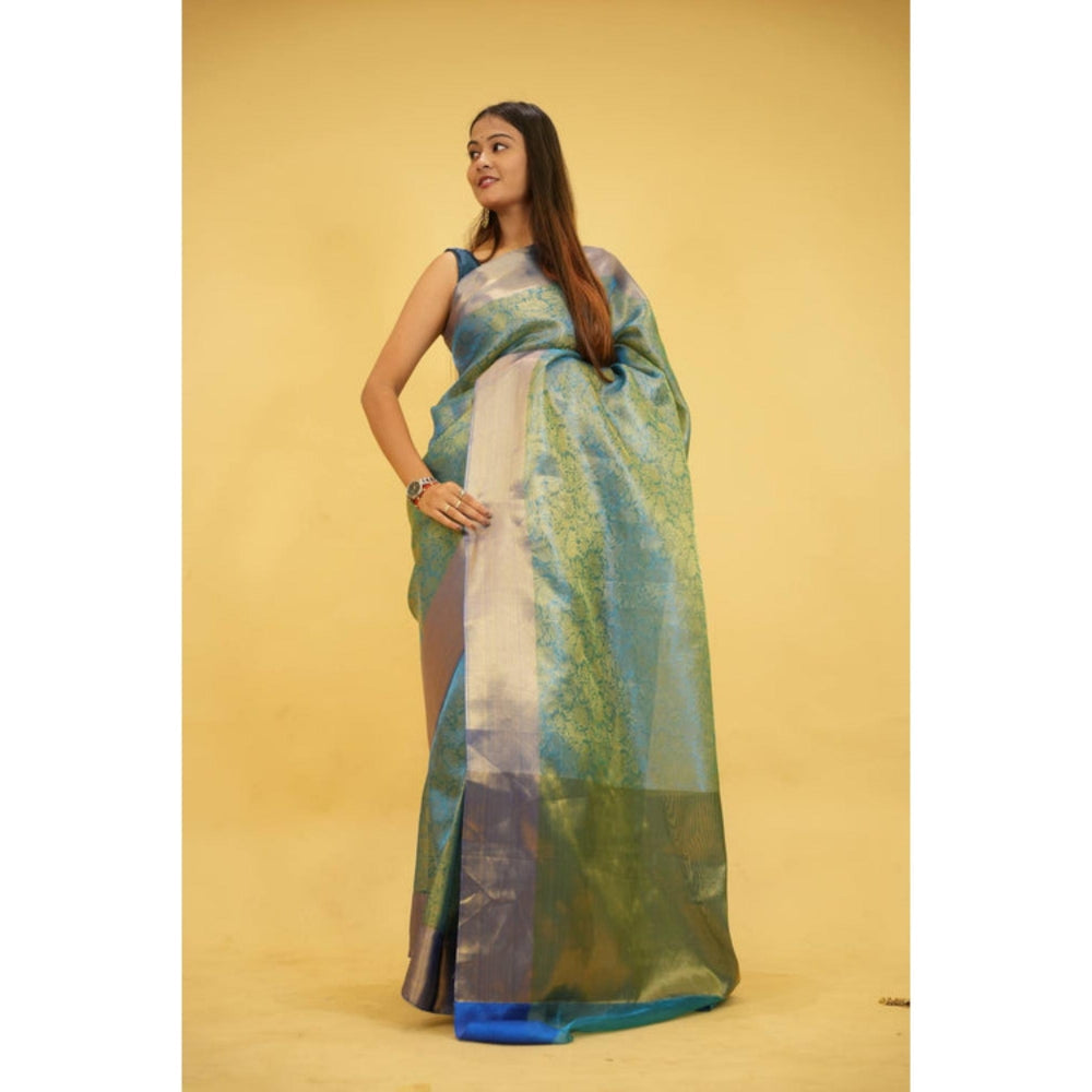 Isadora Life Womens Floral Zari Blue Pre-Draped Saree With Unstitched Blouse
