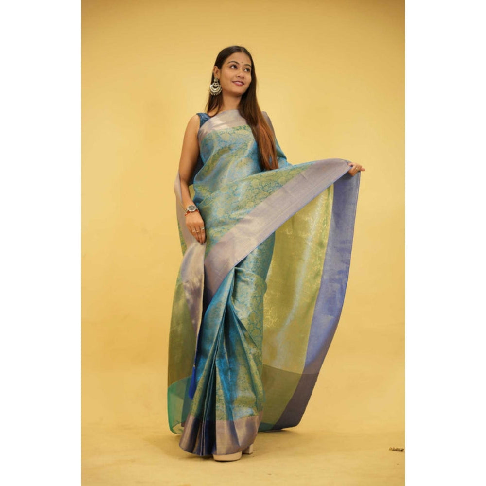 Isadora Life Womens Floral Zari Blue Pre-Draped Saree With Unstitched Blouse